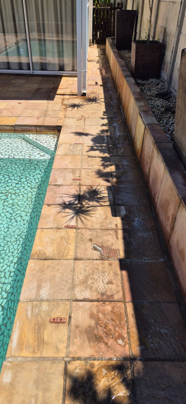 Pool surround tiles after cleaning — clean terracotta restored